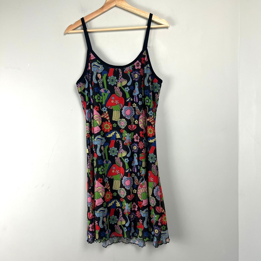 Current Mood Mushroom Print Mesh Mini Dress 2X Psychedelic Rave Festival Y2k 90s